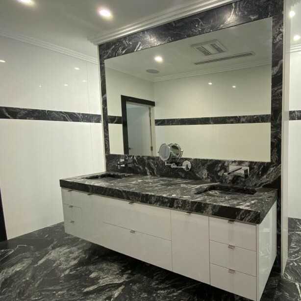 ENS WITH INTEGRATED SINK, FLOORS ETC - BLACK JAGUAR GRANITE